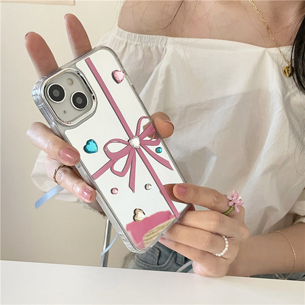 Pink Bow Colorful Diamond Mirror Creative Protective Case