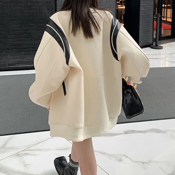 70% Woolen Retro Contrast Color Stitching Pu Leather Coat