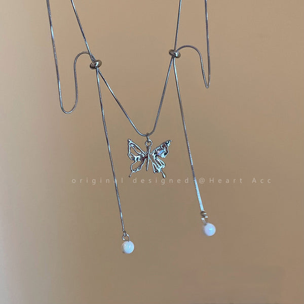 Silver Butterfly Pull Clavicle Chain Versatile Necklace