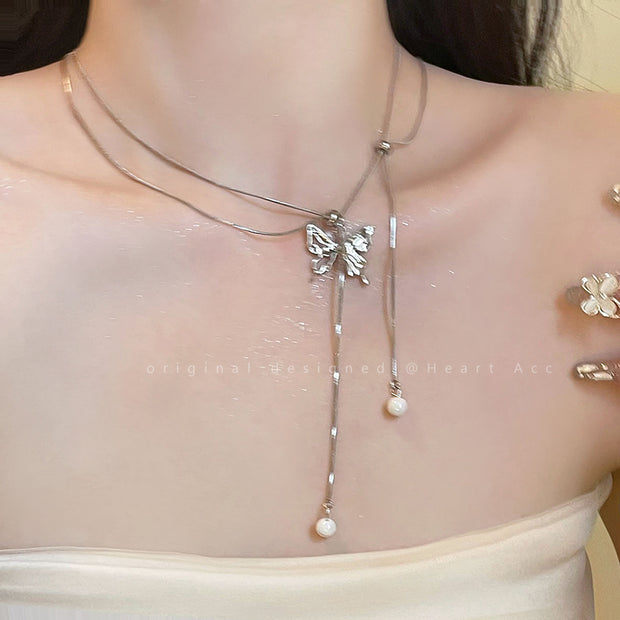 Silver butterfly pull clavicle chain versatile necklace
