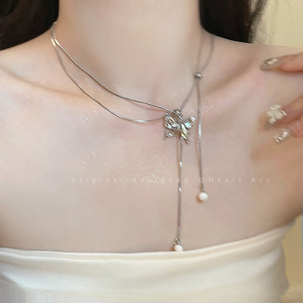 Silver butterfly pull clavicle chain versatile necklace