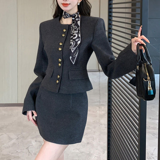 Waist-Cinching Wool Blend Blazer And Skirt Two-Piece Set