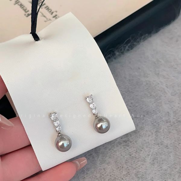 Pearl Sparkling Diamond Silver Needle Stud Drop Earrings