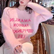Pink Mink Sweater Long Sleeve Crew Neck Coat
