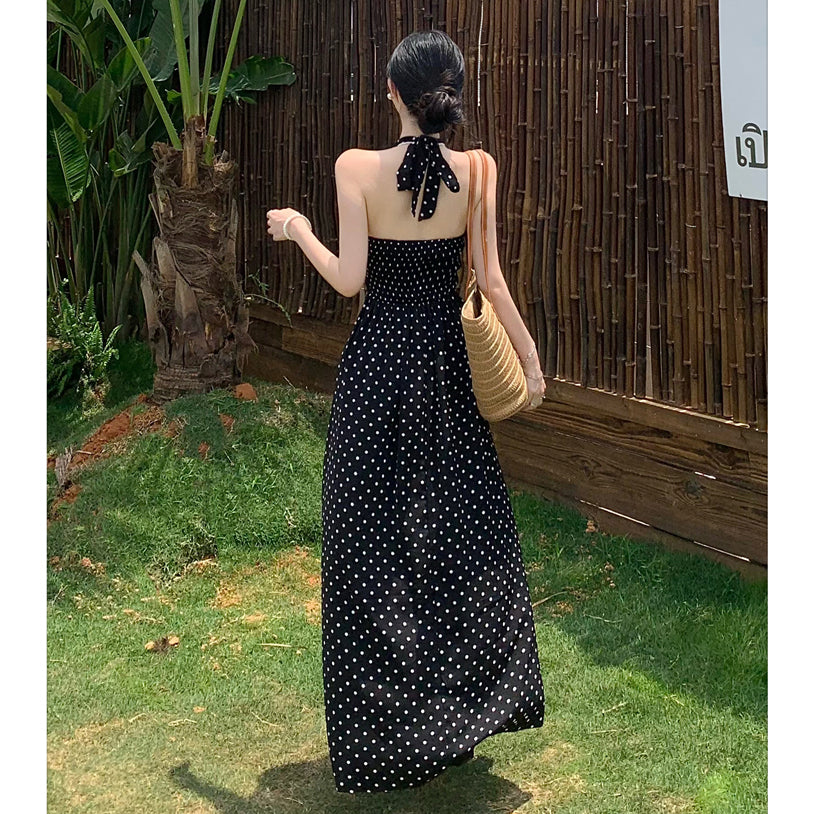 V-neck retro floral polka dot halter dress