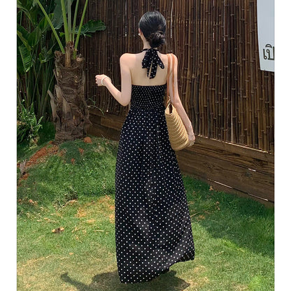 V-neck retro floral polka dot halter dress