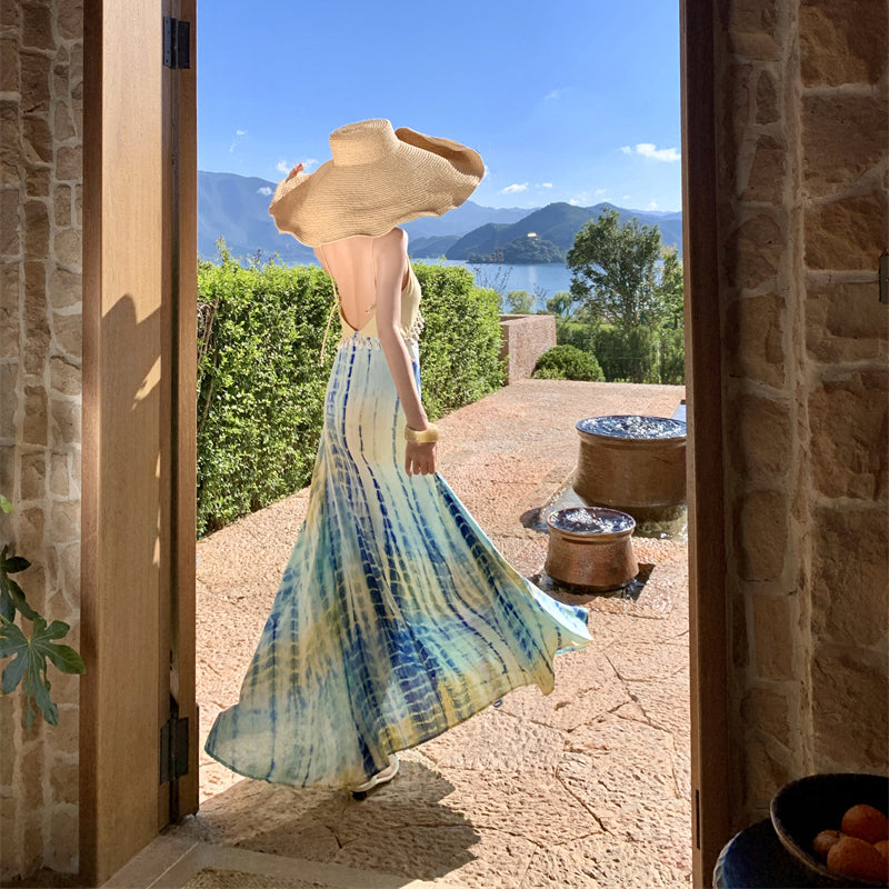 Dyed Seashell Beaded Linen Yellow And Blue Color-Blocked Sundress