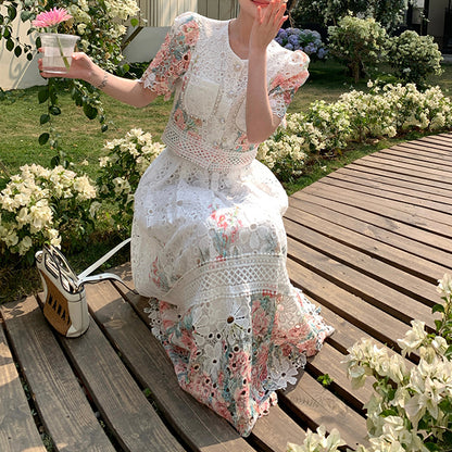 Lace Floral Puff Sleeve Skirt Set