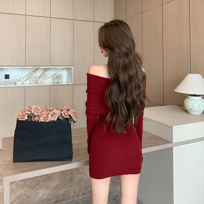 Off-The-Shoulder Red Knitted Dress