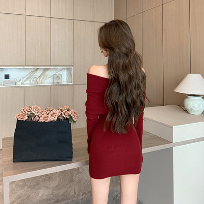 Off-The-Shoulder Red Knitted Dress