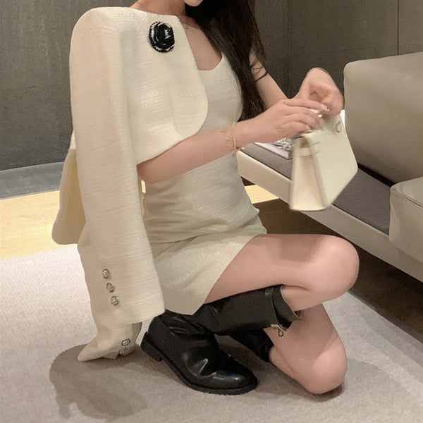 Tweed Set White Long Sleeve Coat Cami Dress