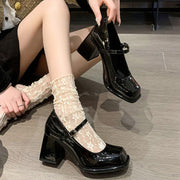 High heels waterproof platform square toe buckle shoes