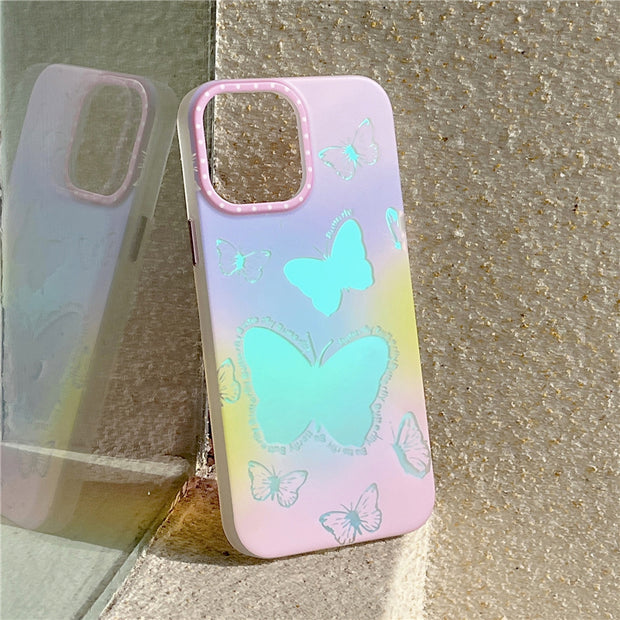 Laser gradient pink butterfly drop-proof protective case