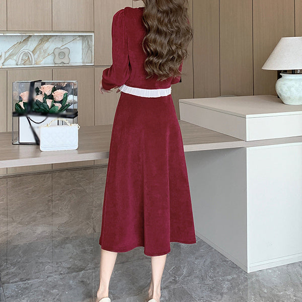 Lace Patchwork Coat Corduroy Set A-Line Skirt