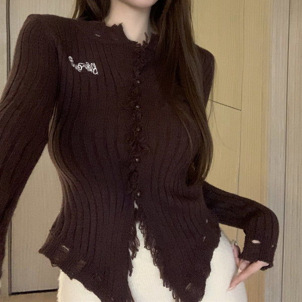 Fur-Edge V-Neck Sweater Cardigan Long-Sleeve Top