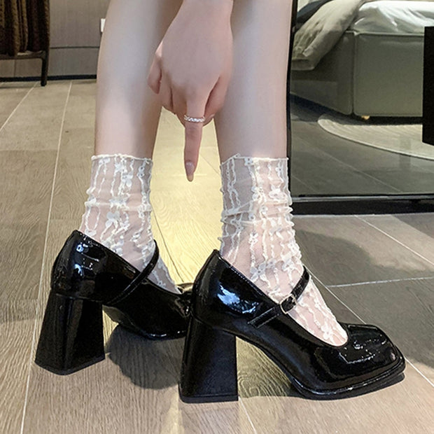High heels waterproof platform square toe buckle shoes