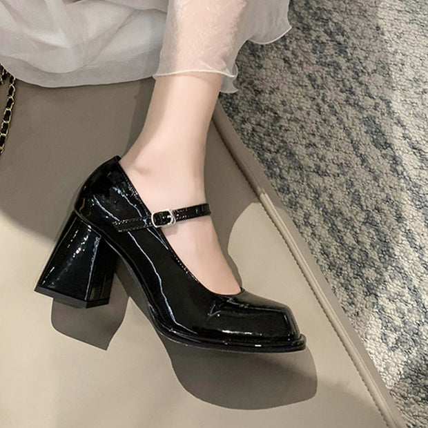 High heels waterproof platform square toe buckle shoes