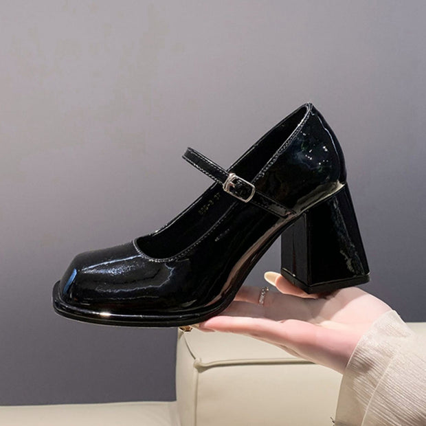 High heels waterproof platform square toe buckle shoes