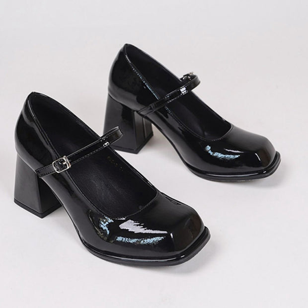 High heels waterproof platform square toe buckle shoes