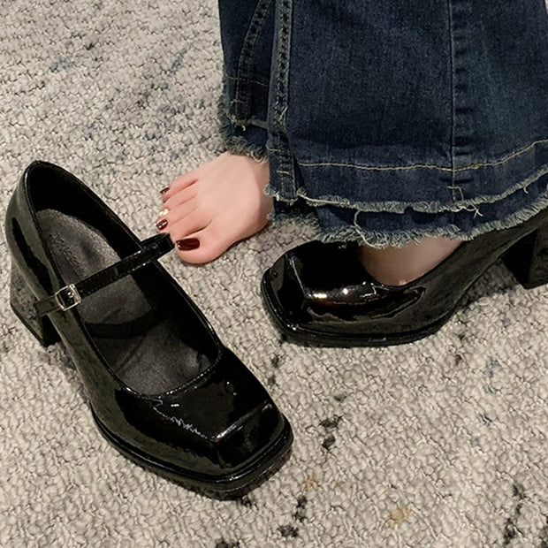 High heels waterproof platform square toe buckle shoes