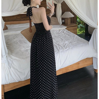 V-neck retro floral polka dot halter dress