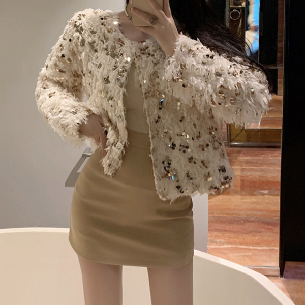 Short Coat Non-Contrast Stylish Sequined Top