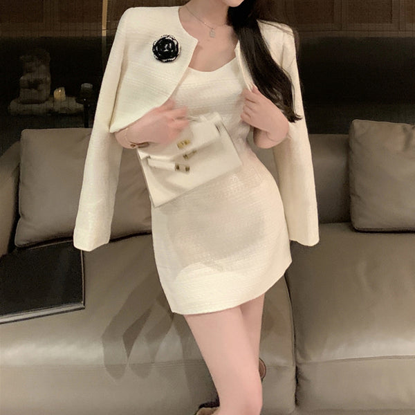 Tweed Set White Long Sleeve Coat Cami Dress