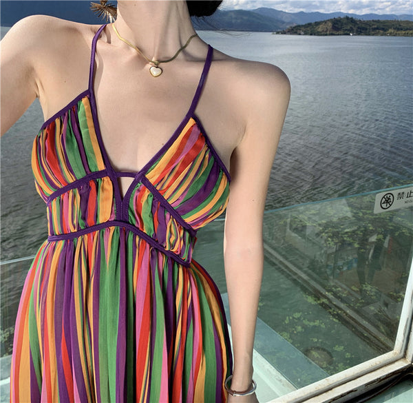Rainbow Striped V-Neck Suspender Sexy Backless Waist-Cinching Holiday Dress