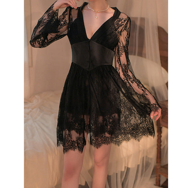 Solid Color Lace Low-Cut V-Neck Sexy Nightgown Set