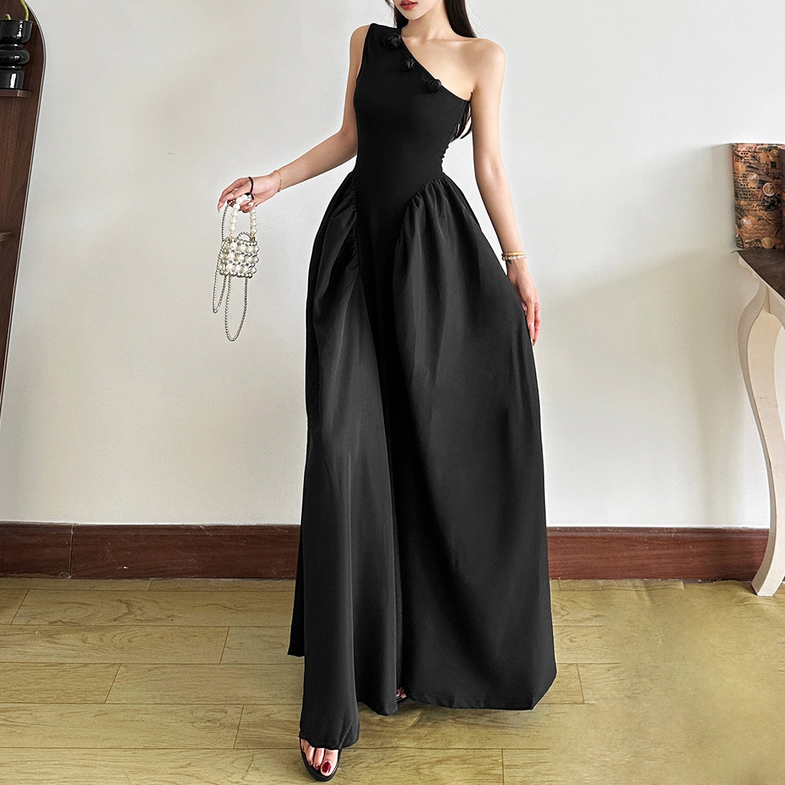 Floral One-Shoulder Slim High Waist Dress