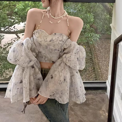 French Floral Puff Sleeve Sexy Shirt