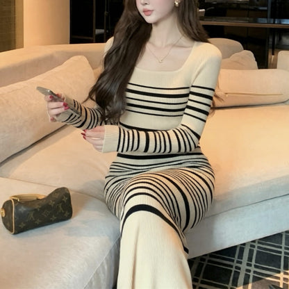 Sexy Square-Neck Striped Knit Dress