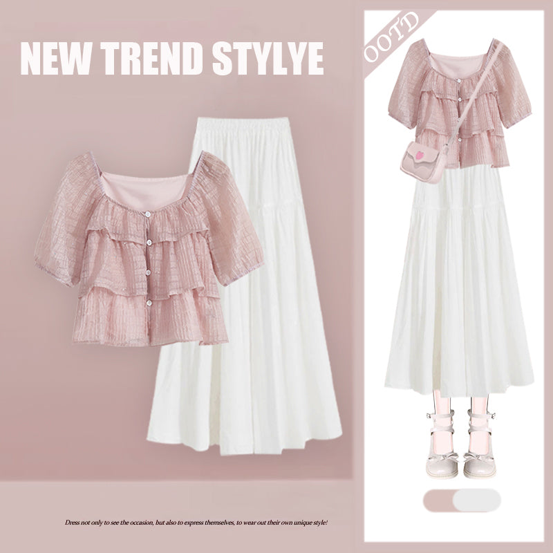 Sweet Solid Color Shirt Top Casual Skirt Two-Piece Set