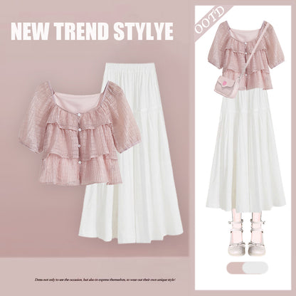 Sweet Solid Color Shirt Top Casual Skirt Two-Piece Set