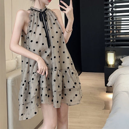 Sweet Polka Dot Ruffle Halter Neck Loose A-Line Dress