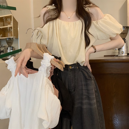 Chic Pink Off-the-Shoulder Puff-Sleeve Blouse