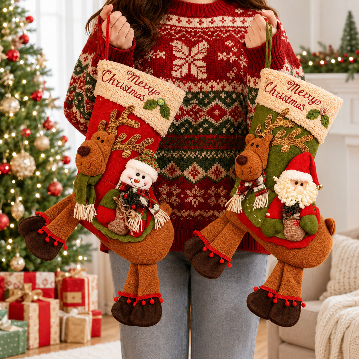 Santa Claus and Reindeer Gift Bag Christmas Tree Hanging Ornament