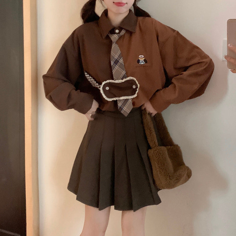 Retro Embroidered Corduroy Color-Blocked Tie Shirt