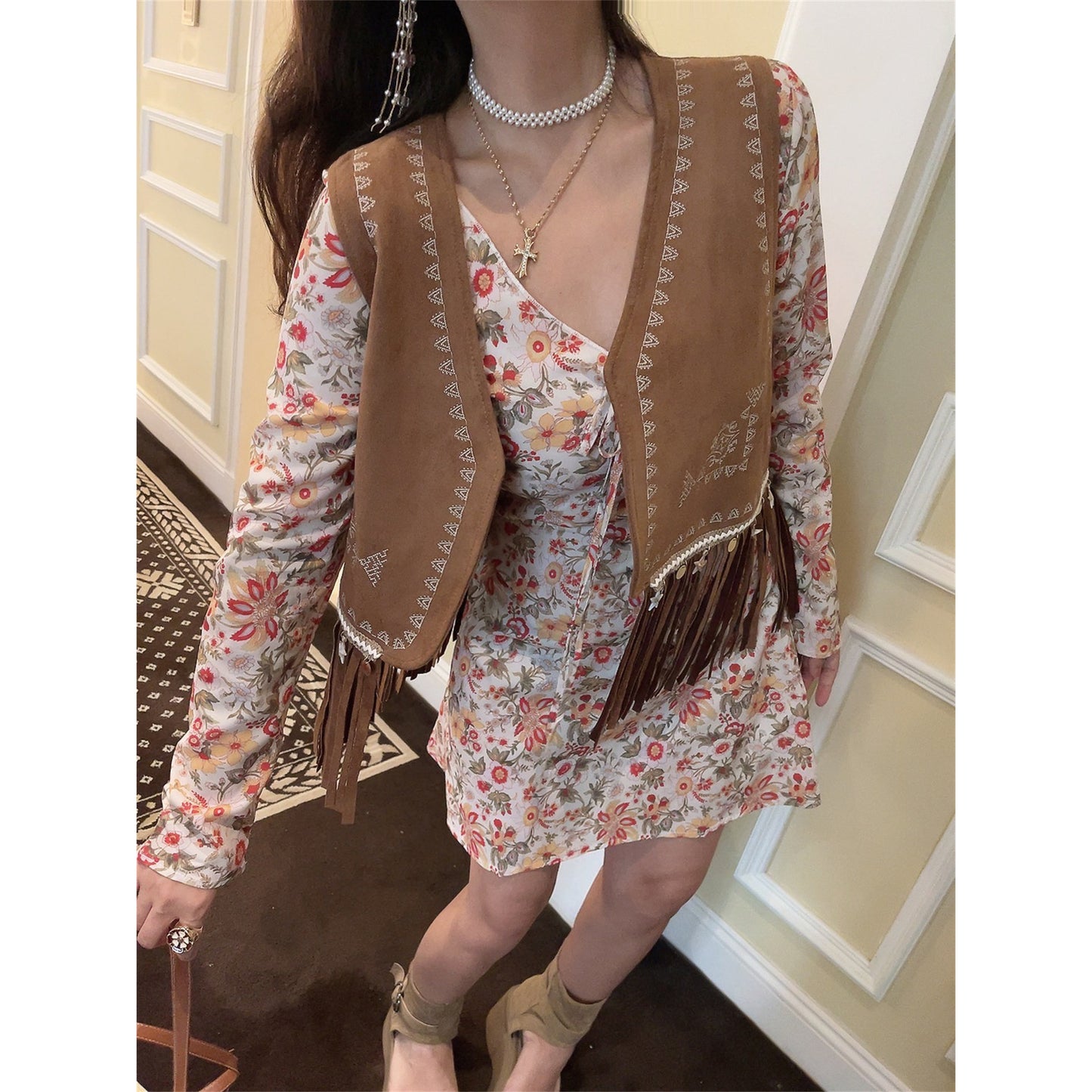 French Retro V-Neck Fitted Waist Floral Dress