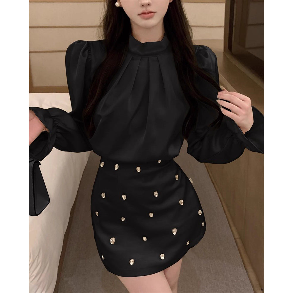 Puff Sleeve Satin Shirt Dress Two-Piece Set