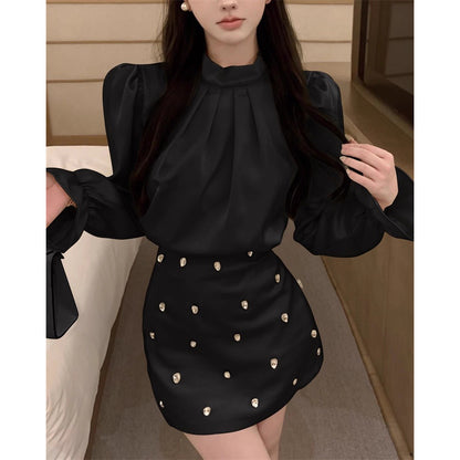 Puff Sleeve Satin Shirt Dress Two-Piece Set