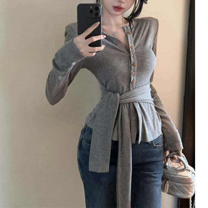 Single-Breasted Fashionable Sexy Chic Long-Sleeved Tie T-Shirt