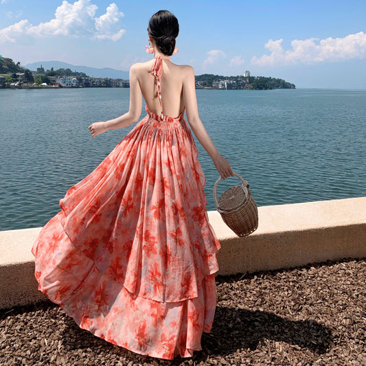Spaghetti Strap V-Neck Backless Vacation Dress