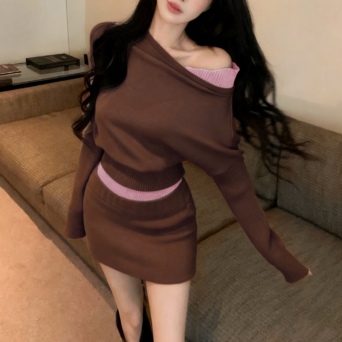 Fake Two-Piece Sexy Contrast Color Off-Shoulder Knitted Sweater Skirt Set