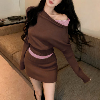 Fake Two-Piece Sexy Contrast Color Off-Shoulder Knitted Sweater Skirt Set