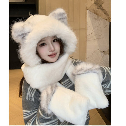Cute Fox Windproof Winter Scarf Gloves Integrated Warm Plush Three-Piece Set