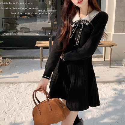 Polo-Neck Knitted Black Dress