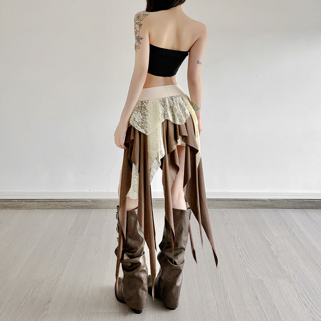 Multi-Layer Lace Patchwork Irregular Tassel Contrasting Color Skirt