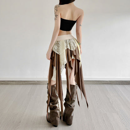 Multi-Layer Lace Patchwork Irregular Tassel Contrasting Color Skirt