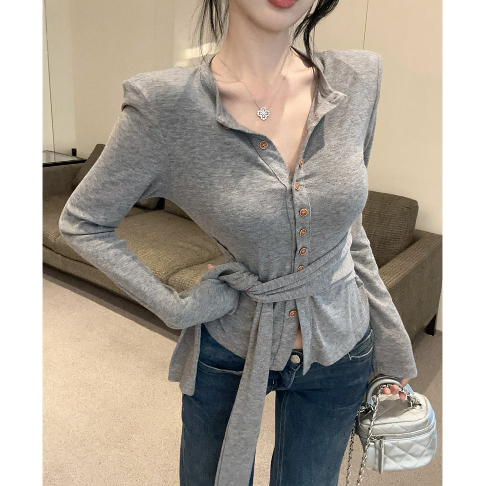 Single-Breasted Fashionable Sexy Chic Long-Sleeved Tie T-Shirt